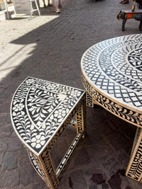 Camel Bone & Black Resin Round Coffee Table with 4 Nesting Stools — Botanical Inlay — Set of 5