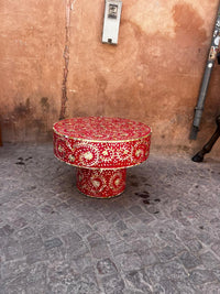 Mother of Pearl & Crimson Red Resin Round Pedestal Table — Floral Botanical Scroll Inlay