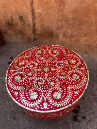 Mother of Pearl & Crimson Red Resin Round Pedestal Table — Floral Botanical Scroll Inlay