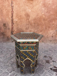 Cloisonné Enamel & Silvered Metal Hexagonal Side Table — Polychrome Floral Mosaic — Set of 2