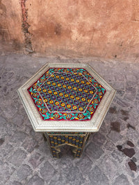 Cloisonné Enamel & Silvered Metal Hexagonal Side Table — Polychrome Floral Mosaic — Set of 2