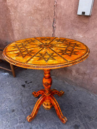 Camel Bone Round Pedestal Side Table — Geometric Star & Radial Inlay