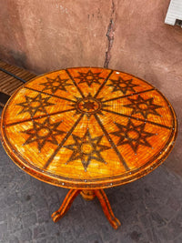 Camel Bone Round Pedestal Side Table — Geometric Star & Radial Inlay