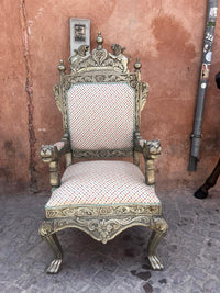 Carved Wood & Embossed Metal Throne Armchair — Lion Crown & Paw Feet with Polychrome Upholstery