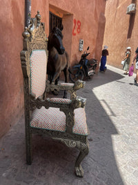 Carved Wood & Embossed Metal Throne Armchair — Lion Crown & Paw Feet with Polychrome Upholstery