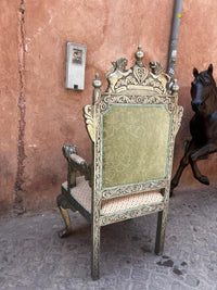 Carved Wood & Embossed Metal Throne Armchair — Lion Crown & Paw Feet with Polychrome Upholstery