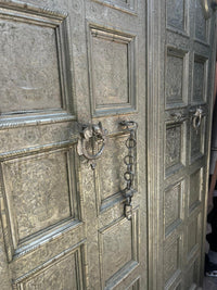Embossed Metal & Wood Double Door — Mughal Arch Crown with Repousse Floral Panels