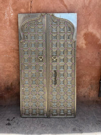 Embossed Metal & Wood Double Door — Pyramid Boss Grid with Cloisonné Enamel Rosettes