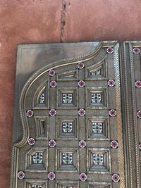 Embossed Metal & Wood Double Door — Pyramid Boss Grid with Cloisonné Enamel Rosettes