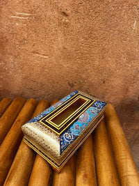 Khatam Micro-Mosaic & Enamel Tissue Box Holder — Polychrome Floral on Cobalt Blue