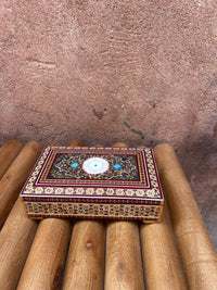 Khatam Micro-Mosaic & Enamel Jewellery Box — Arabesque Medallion Lid with Burgundy Velvet Interior