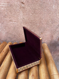 Khatam Micro-Mosaic & Enamel Jewellery Box — Arabesque Medallion Lid with Burgundy Velvet Interior