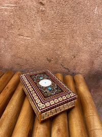 Khatam Micro-Mosaic & Enamel Jewellery Box — Arabesque Medallion Lid with Burgundy Velvet Interior
