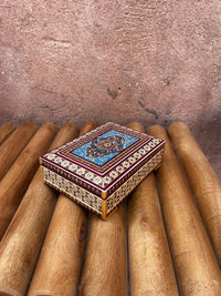Khatam Micro-Mosaic & Enamel Jewellery Box — Cobalt Blue Floral Star Medallion Lid