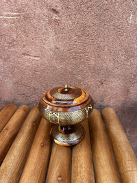 Khatam Micro-Mosaic Turned Wood Lidded Bowl — Geometric Star Inlay with Brass Finial