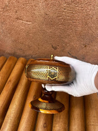 Khatam Micro-Mosaic Turned Wood Lidded Bowl — Geometric Star Inlay with Brass Finial