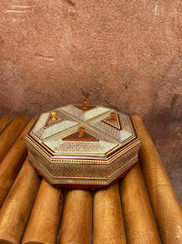 Khatam Micro-Mosaic Octagonal Box — Four-Section Lid with Wood Knobs