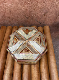 Khatam Micro-Mosaic Octagonal Box — Four-Section Lid with Wood Knobs