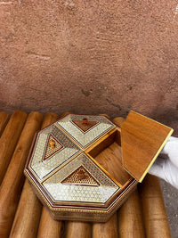 Khatam Micro-Mosaic Octagonal Box — Four-Section Lid with Wood Knobs