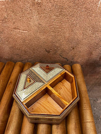 Khatam Micro-Mosaic Octagonal Box — Four-Section Lid with Wood Knobs