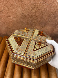 Khatam Micro-Mosaic Octagonal Box — Four-Section Lid with Wood Knobs