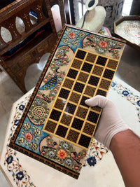 Khatam Micro-Mosaic & Hand-Painted Chess Board — Peacock & Floral Border