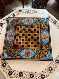 Khatam Micro-Mosaic & Hand-Painted Chess Board — Cobalt Blue Medallion & Gold Arabesque Border