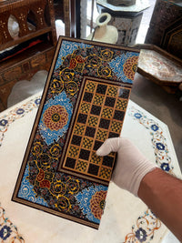 Khatam Micro-Mosaic & Hand-Painted Chess Board — Cobalt Blue Medallion & Gold Arabesque Border
