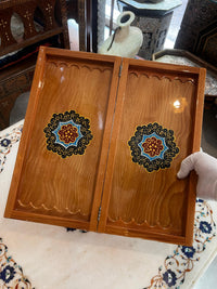 Khatam Micro-Mosaic & Hand-Painted Chess Board — Cobalt Blue Medallion & Gold Arabesque Border