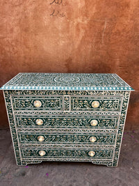 Mother of Pearl & Emerald Green Resin Chest of Drawers — Full Botanical Floral Inlay