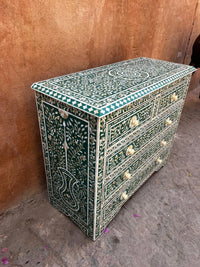 Mother of Pearl & Emerald Green Resin Chest of Drawers — Full Botanical Floral Inlay