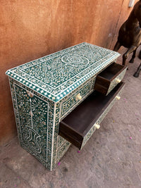 Mother of Pearl & Emerald Green Resin Chest of Drawers — Full Botanical Floral Inlay