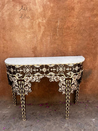 Mother of Pearl, Camel Bone & Wood Demilune Console Table — Floral Garland Inlay with White Marble Top