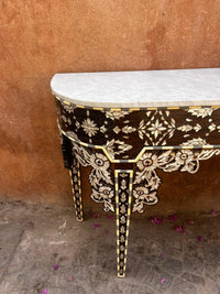 Mother of Pearl, Camel Bone & Wood Demilune Console Table — Floral Garland Inlay with White Marble Top