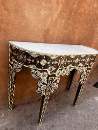 Mother of Pearl, Camel Bone & Wood Demilune Console Table — Floral Garland Inlay with White Marble Top