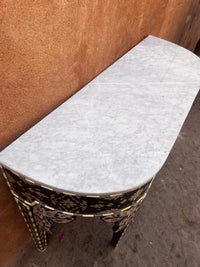 Mother of Pearl, Camel Bone & Wood Demilune Console Table — Floral Garland Inlay with White Marble Top
