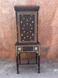 Carved Wood, Camel Bone & Mother of Pearl Cabinet on Stand — Moorish Star Door with Crenellated Crown