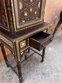 Carved Wood, Camel Bone & Mother of Pearl Cabinet on Stand — Moorish Star Door with Crenellated Crown