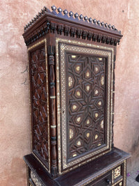 Carved Wood, Camel Bone & Mother of Pearl Cabinet on Stand — Moorish Star Door with Crenellated Crown