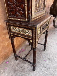 Carved Wood, Camel Bone & Mother of Pearl Cabinet on Stand — Moorish Star Door with Crenellated Crown