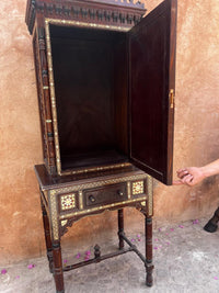 Carved Wood, Camel Bone & Mother of Pearl Cabinet on Stand — Moorish Star Door with Crenellated Crown