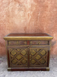 Walnut & Embossed Brass Sideboard — Diamond Lattice Floral Repousse with Two Doors