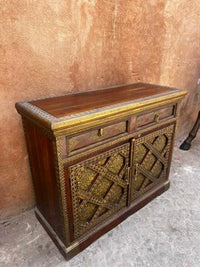 Walnut & Embossed Brass Sideboard — Diamond Lattice Floral Repousse with Two Doors