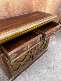 Walnut & Embossed Brass Sideboard — Diamond Lattice Floral Repousse with Two Doors