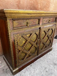 Walnut & Embossed Brass Sideboard — Diamond Lattice Floral Repousse with Two Doors