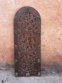 Hand-Carved African Wood Wall Panel — Three Village Life Medallions with Brass Mounts