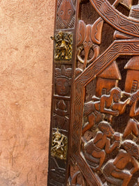 Hand-Carved African Wood Wall Panel — Three Village Life Medallions with Brass Mounts