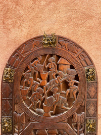 Hand-Carved African Wood Wall Panel — Three Village Life Medallions with Brass Mounts
