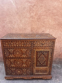 Camel Bone & Walnut Wood Asymmetric Cabinet — Full Floral Medallion Inlay