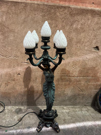 Bronze Figural Five-Arm Torchère Floor Lamp — Classical Female Figure with Flame Shades — Set of 2
